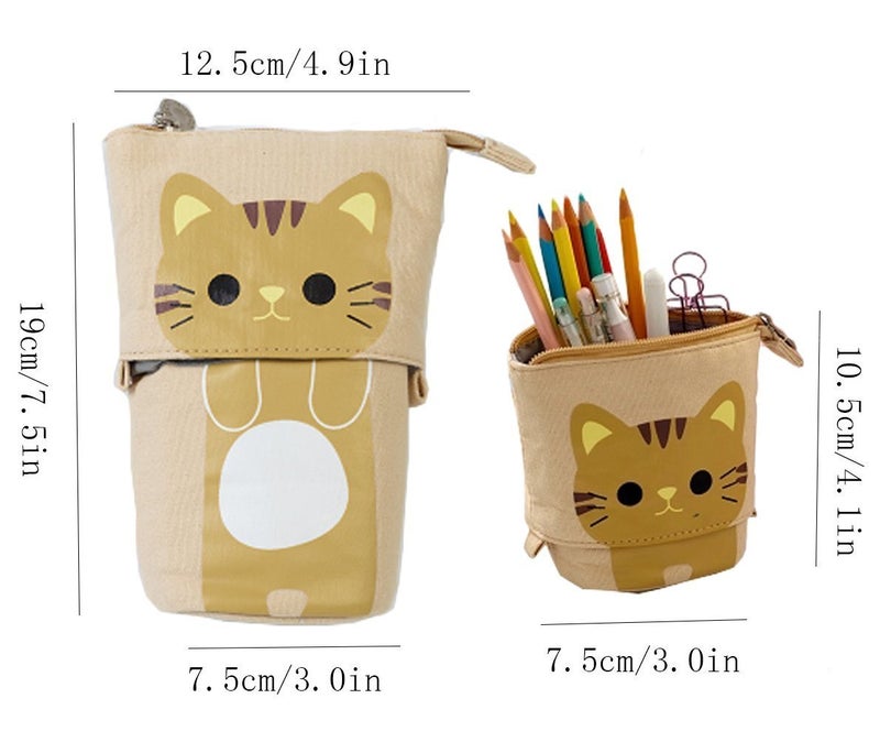 Ytuomzi Telescopic Pencil Pouch Standing Pen Holder Cute Pencil Bags Stand Up Pen Case Cartoon Pencil/Pens Storage Box Canvas+PU Stationery Organizer Makeup Bag with Zipper Closure (Khaki) - Image 3